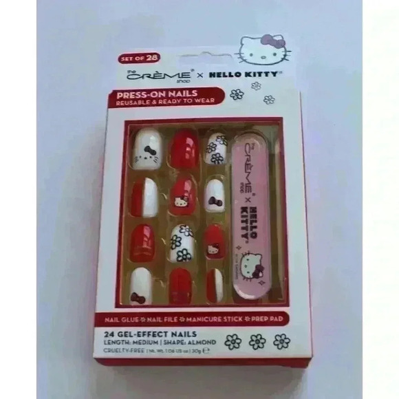 Creme Shop Hello Kitty Red White Bow Face Set Of 28 Gel Press On Nails NIB - Picture 6 of 6